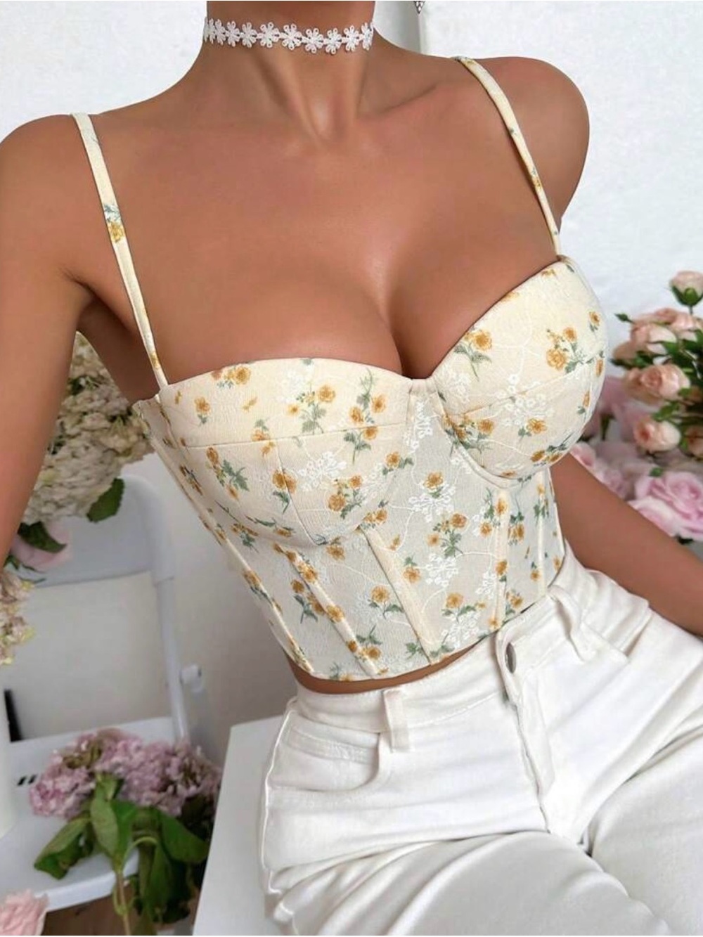 Floral Lace-Trim Bustier Crop Top in Cream